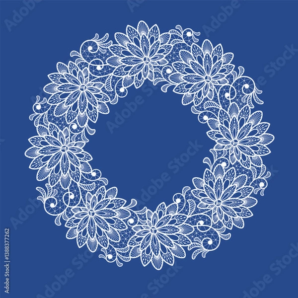 Fototapeta Round llace decoration element.White lace flowers frame.Vector handmade white lace branches with flowers.