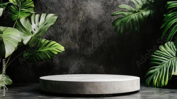 Fototapeta Tropical Scene with Monstera Leaves Framing a Stone Podium, Evoking a Luxurious and Exotic Atmosphere