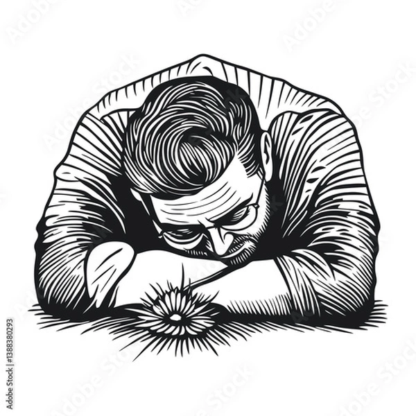 Fototapeta Man Contemplating Life With Headdown on Arms Surrounded by Nature