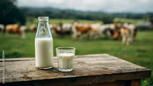 Obraz Fresh Milk in Bottle and Glass on Rustic Table with Cows