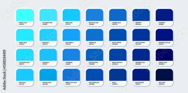 Fototapeta Blue Color Guide Palette with Color Names. Catalog Samples Blue with RGB HEX. Neomorphism Vector