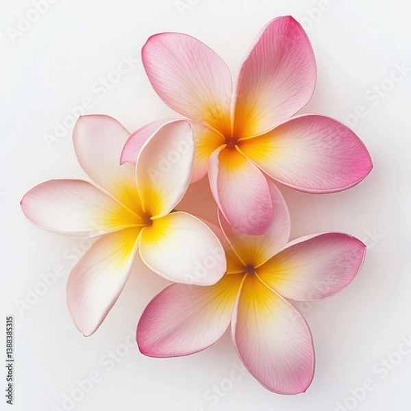 Obraz Soft pink plumeria flowers with yellow centers on a white background for a serene tropical floral arrangement