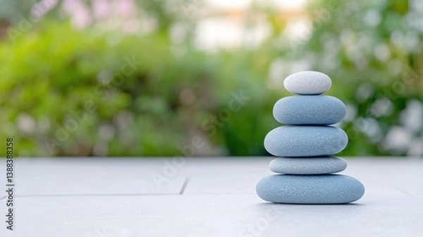 Fototapeta A stack of five smooth stones, primarily light blue with two white ones, rests on a light grey surface. The background is blurred greenery. The image is high quality with soft, natural lighting. The