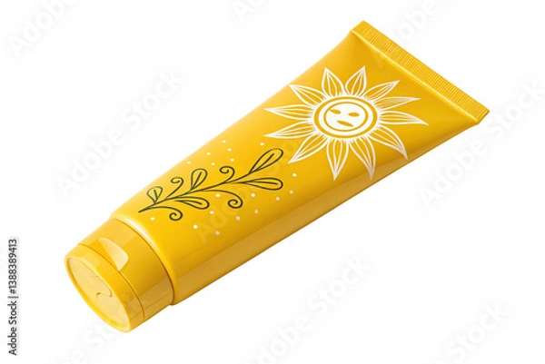 Obraz Bright yellow sunscreen tube with sun design, isolated on transparent transparent-generated by ai