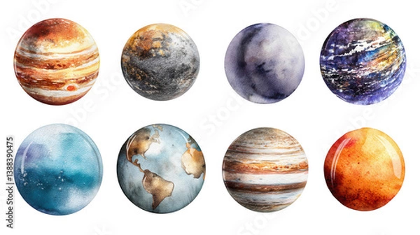 Fototapeta Set of planet watercolor illustrations on a white background, in a hand-drawn style, png