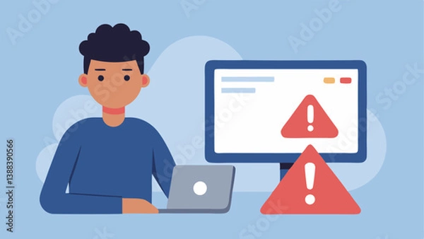 Fototapeta Fake Website An image showing a person at a computer looking concerned as they notice a warning message on a browser saying This site is not secure with a fake website mimicking a