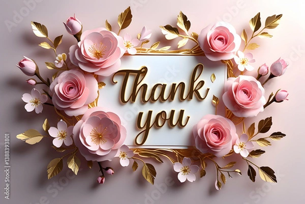 Fototapeta Elegant floral thank you card with 3D paper-cut style. Soft pastel pink roses and cherry blossoms intertwined with gold metallic leaves. Luxurious, delicate typography in gold reading 'Thank you' at t