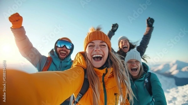 Fototapeta Joyful group of friends celebrating at a mountain summit with ecstatic expressions and stunning views of nature around them