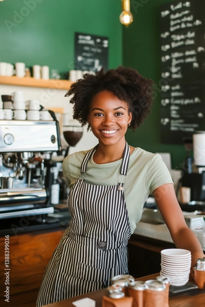 Fototapeta A smiling woman in a striped apron stands behind a counter in a coffee shop