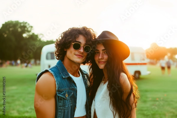 Fototapeta A man and woman are posing for a picture in a grassy field