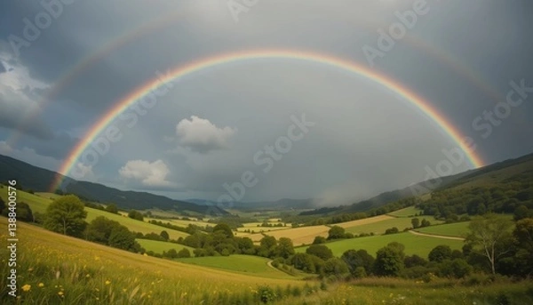 Fototapeta A rainbow arching over a peaceful valley