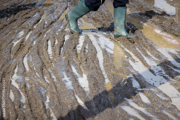 Fototapeta Man with boots walking in the mud