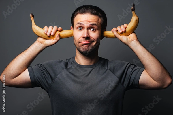 Fototapeta Young fooling man with bananas in ears portrait on gray background