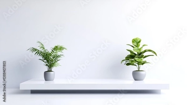 Fototapeta Two potted plants, a palm and a fiddle-leaf fig, sit on a clean white shelf against a white wall. The image is simple, minimalist, and bright, with high-quality resolution. The style is modern and se
