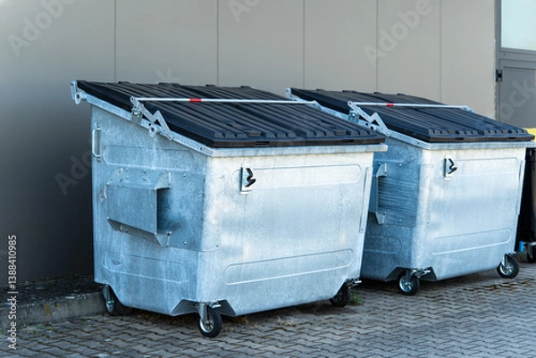 Fototapeta Two large metal garbage bins outside building, industrial waste containers with closed lids, waste management concept, urban sanitation, recycling facility and environmental cleanup