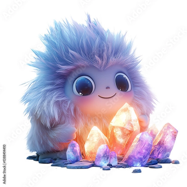 Fototapeta A Fluffy 3D Cartoon Character Discovering a Glowing Crystal Isolated on Transparent Background