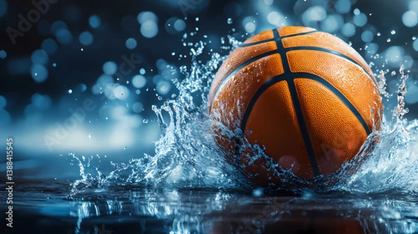 Fototapeta Aquatic Basketball: A photorealistic basketball bursts through the water, creating a stunning display of liquid dynamics. Capturing the essence of power and dynamism.