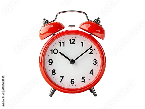 Fototapeta Retro red alarm clock isolated on stark white. Glossy finish, 11:15 time. Great for time management, deadlines, back-to-school, morning routines, and wake-up themes.