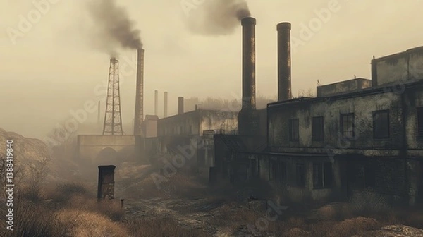 Fototapeta Industrial Factory with Tall Chimneys Emitting Smoke on Overcast Day