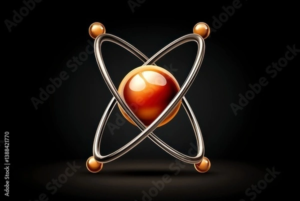 Obraz Abstract Atom Model Metallic Rings and Amber Core on Black Background