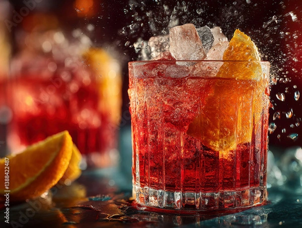 Fototapeta Image of two Aperol Spritz cocktails with vibrant colors, garnished with orange slices and ice cubes Used in marketing for its refreshing appeal - AI-Generated