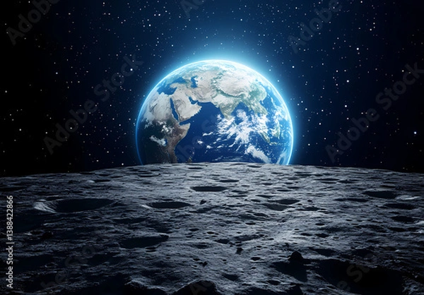 Fototapeta Lunar Perspective: The Earth, a vibrant sphere of life, rises majestically above a barren, textured lunar landscape, creating a stunning contrast between our home planet and the desolate moon surface.