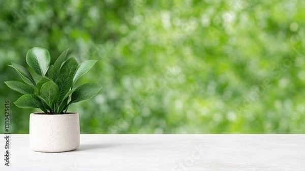 Fototapeta A small, potted plant with vibrant green leaves sits on a white surface. The background is a blurred, out-of-focus image of lush green foliage. The image is high-quality, well-lit, and features a min