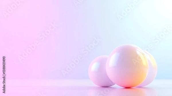 Fototapeta Three iridescent, pearl-like eggs rest on a pale surface. The largest egg is centrally positioned, with two smaller ones beside it. Soft, pastel lighting creates a dreamy atmosphere. The image is hig
