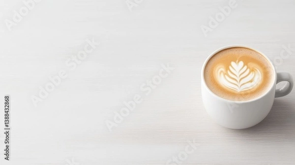 Fototapeta Latte Art Coffee Minimalist Style High-Resolution Photography Wide Angle Shot Creamy Texture Enjoying Beverage White Wooden Table Warm Neutral Tones Perfect for Cafe Menu
