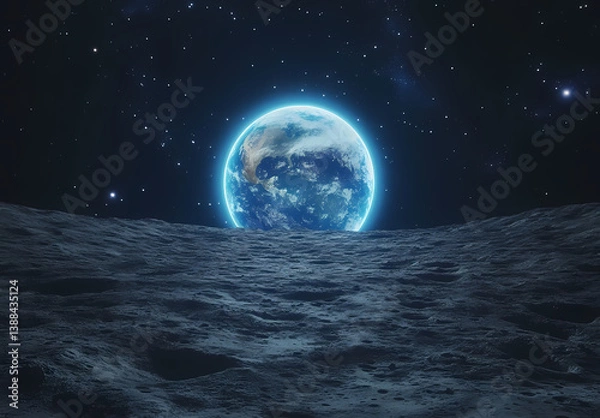 Fototapeta Earth from the Moon: A breathtaking view of Earth rising over the lunar surface, with a glowing blue aura against the starry backdrop, creating a sense of wonder and inspiring exploration.