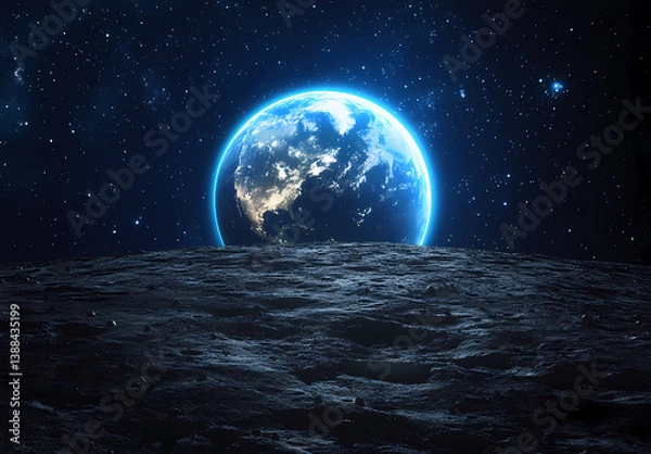 Fototapeta Earth from the Lunar Perspective: An awe-inspiring visual of Earth rising above the lunar horizon, a brilliant blue sphere set against the vast cosmos, showcasing the beauty of our planet.