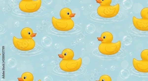 Fototapeta Seamless Pattern Cute Yellow Rubber Ducks Floating in Water with Bubbles Baby Shower Bath Time