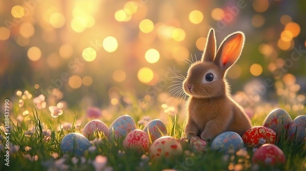 Fototapeta Happy Easter Celebration – Playful Bunny in Warm Spring Light with Bokeh Background