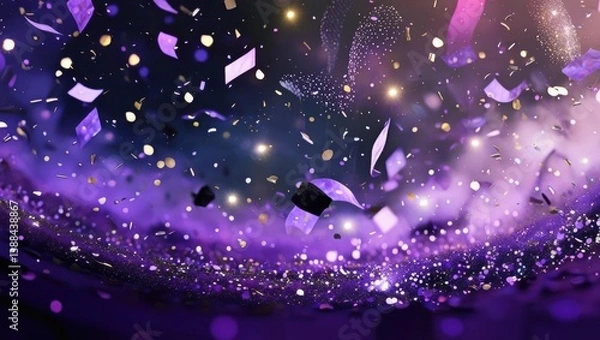 Obraz Festive Purple Celebration Featuring Vibrant Confetti and Sparkling Lights, Creating a Joyful Atmosphere with Colorful Glitter and Radiant Illumination for Party or Event Themes.