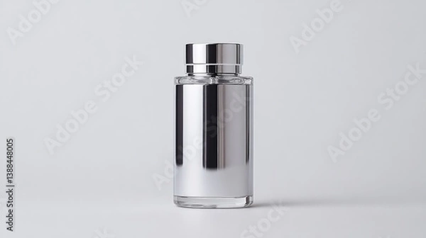 Fototapeta A silver perfume bottle with a cylindrical body and a metallic cap stands on a white background. The image is well-lit, showing a high-quality, reflective surface. The style is minimalist and clean.