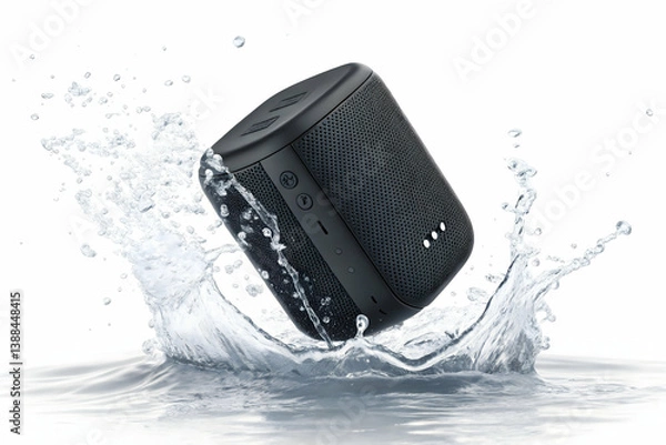 Fototapeta Modern black waterproof portable Bluetooth speaker in mid-air with dynamic splash of water surrounding it, isolated on white background. The water splash emphasizes the speaker's water-resistant .