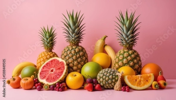Fototapeta Colorful Arrangement of Tropical Fruits on Pink Background