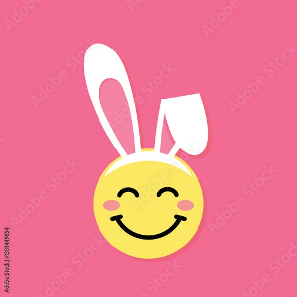 Fototapeta Happy Easter smiling bunny emoji with rabbit ears headband on pink background