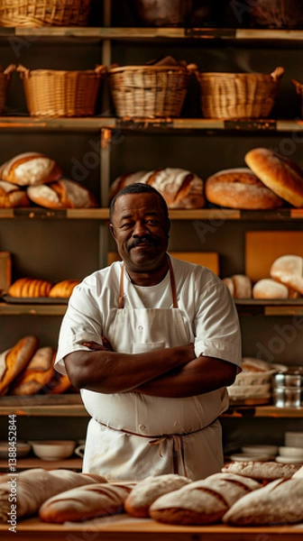 Fototapeta Professional baker, in white uniform and apron, poses with his arms crossed in front of a table full of artisan breads. In the background, shelves display more baked goods.