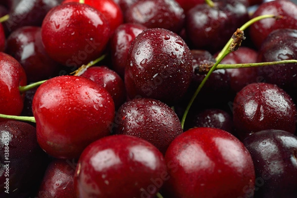 Obraz Pile of red cherries with drops of water on them, just removed from the refrigerator. Fresh fruit background texture.