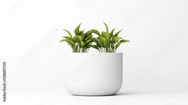Fototapeta A white, rounded planter holds two small, lush green plants. The simple composition features a minimalist aesthetic. The image is high-quality with even lighting, creating a clean, serene mood. The