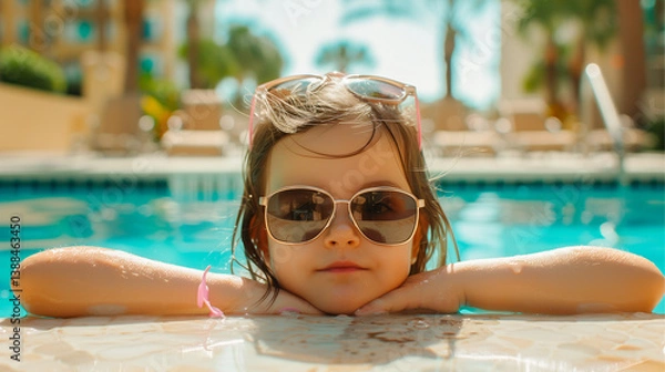 Fototapeta Girl in a swimming pool, leaning on the edge with sunglasses. Enjoying the water under the sun. In the background there are sun loungers and vegetation that complete the relaxing atmosphere.