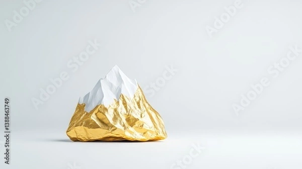 Fototapeta A stylized gold and white mountain sculpture sits on a white background. The sculpture is the central focus, with ample negative space. The image is high-quality, with sharp details. It has a minima
