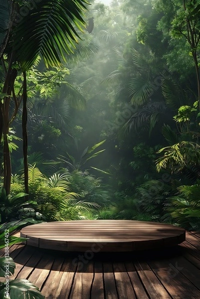 Fototapeta Lush Tropical Jungle Setting with Circular Wooden Platform for Product Display