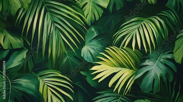 Fototapeta Lush, vibrant tropical foliage. Deep green leaves create a dense, textured background.