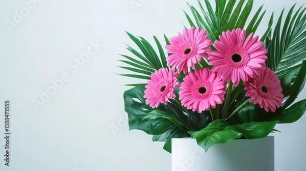 Fototapeta Pink gerbera bouquet in white vase, elegant floral arrangement, on light background, for greeting cards or advertisement use