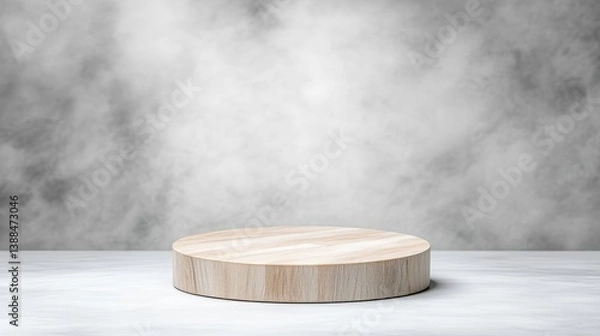 Fototapeta A circular wooden platform sits centrally. Its light-colored wood, seemingly smooth. The background is a textured, grey wall with a mottled appearance. The image is clean and simple, with even lighti