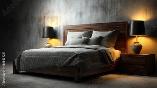 Obraz A modern bedroom with soft ambient lighting, featuring a dark wood bed with light gray bedding and matching side tables