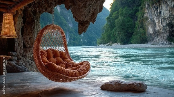 Fototapeta Wicker chair hangs beside a river flowing through a natural landscape