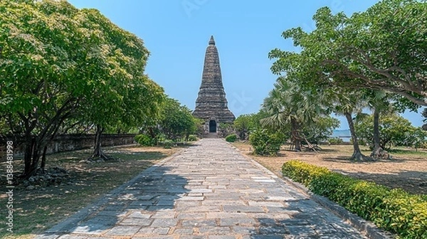 Fototapeta A tall stone structure is surrounded by trees with a pathway